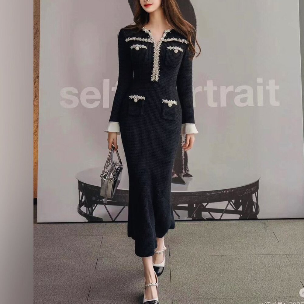 SELF-PORTRAIT  faux pearl-embellished crepe-trimmed midi dress